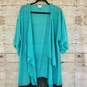 Large LuLaRoe Fringed Monroe 'Kimono' - Textured Mint/Seafoam Green Black Fringe